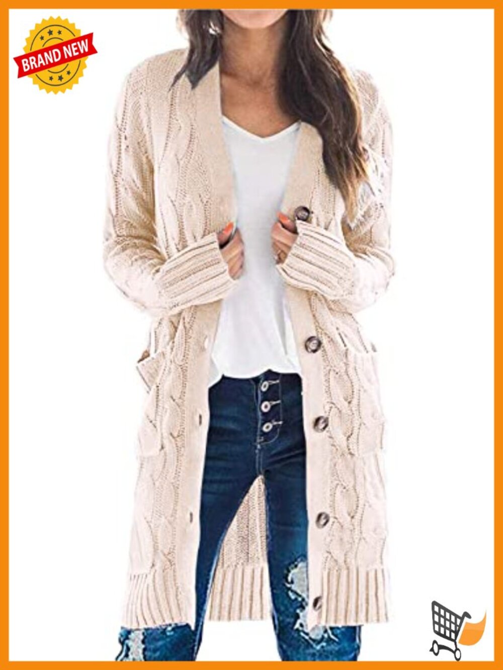 Cable Knit Long Button Cardigan Sweater with Pockets